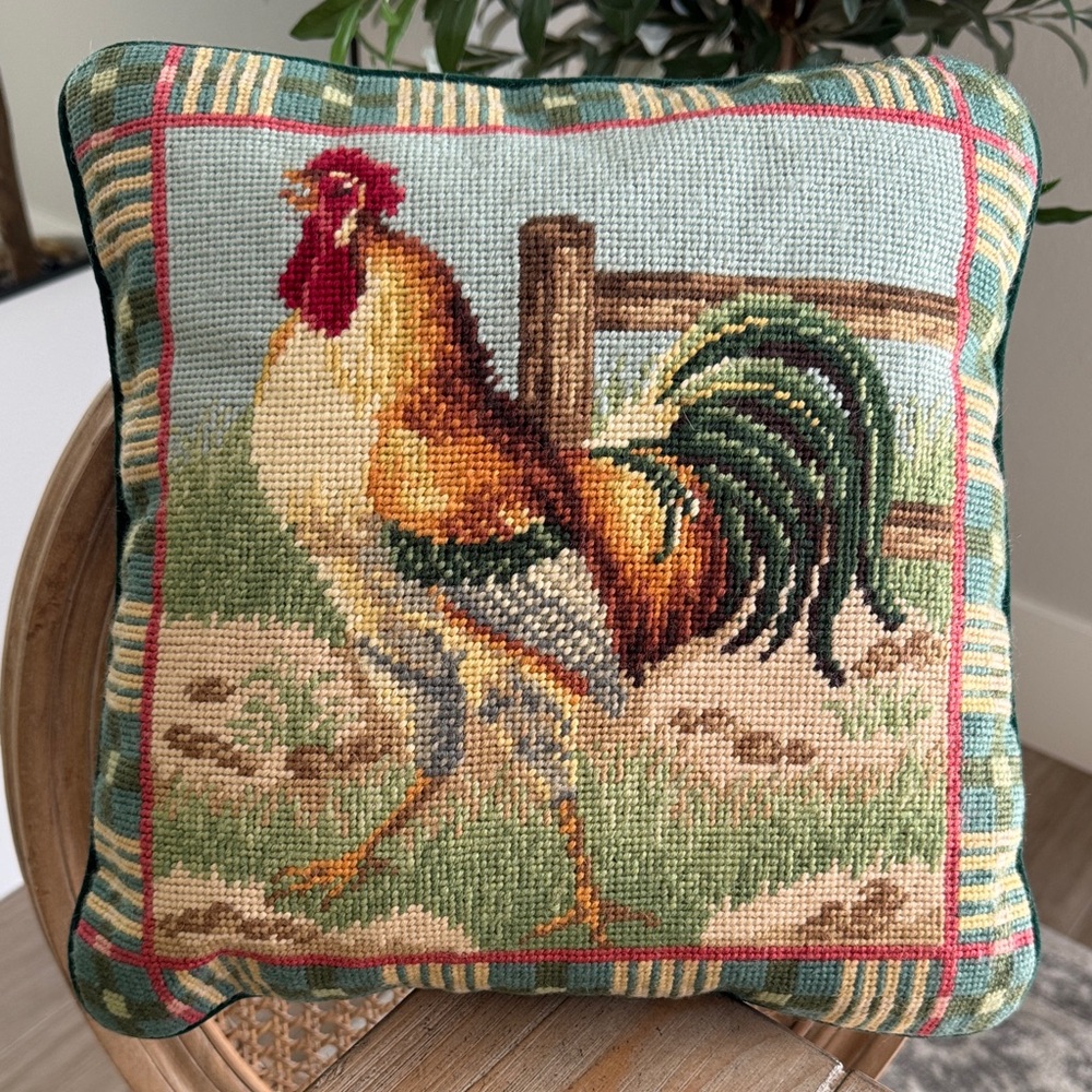Rooster Needlepoint Throw Pillow 14" x 14" Cottage Cozy Rustic NWT